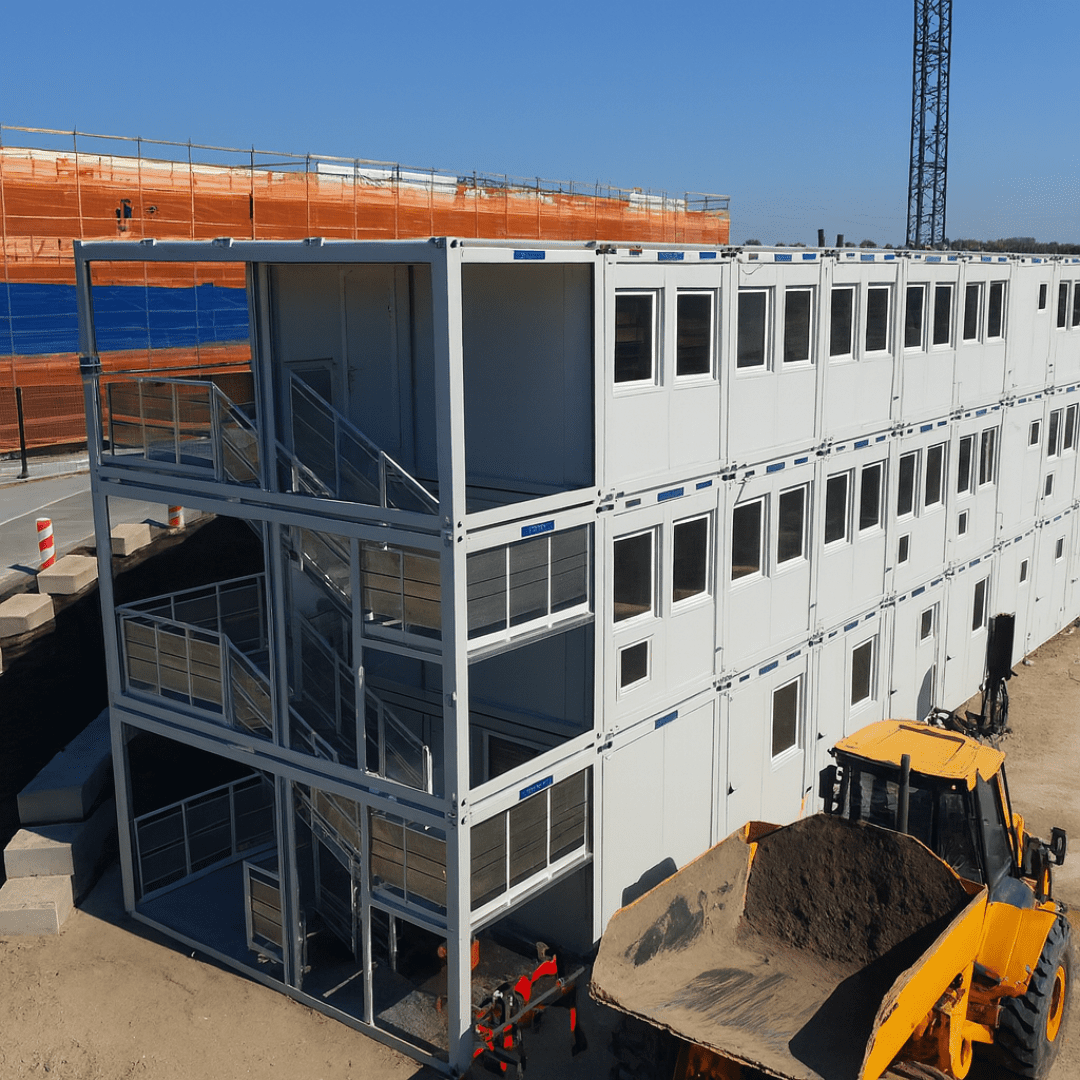Crane lifting a prefab container module on site