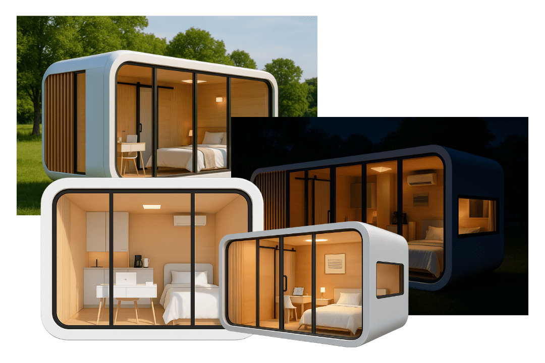 Prefab apple cabin with aluminium shell installed at a resort
