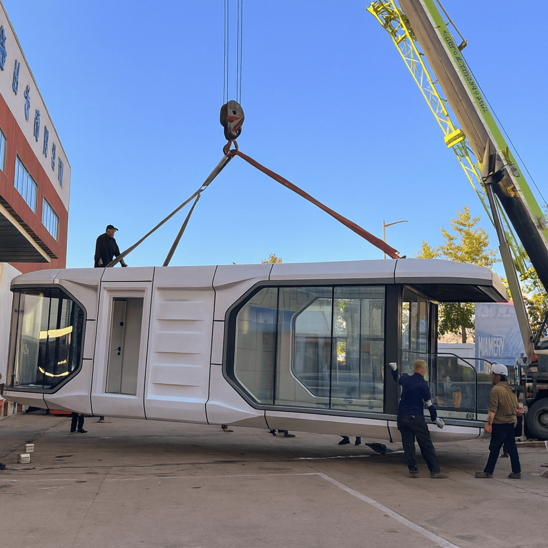 Container house modules prepared for shipment