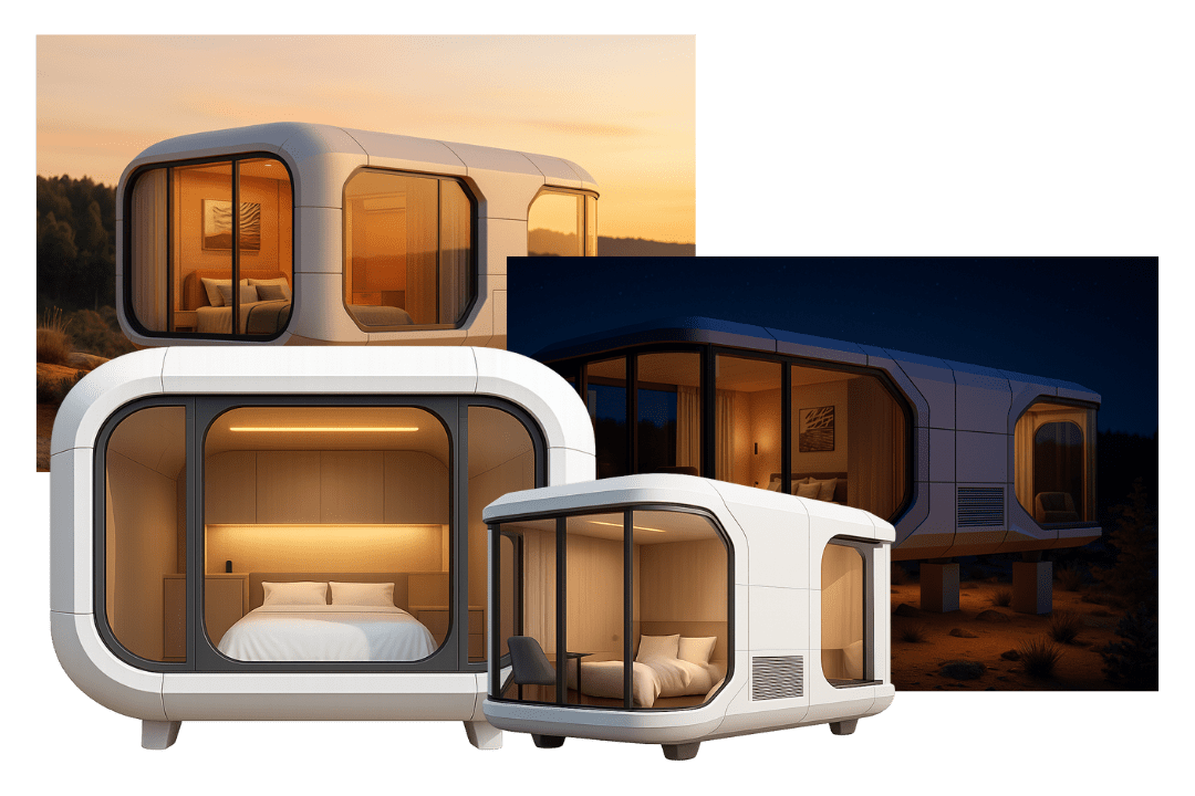 Space capsule house with panoramic glazing for glamping accommodation